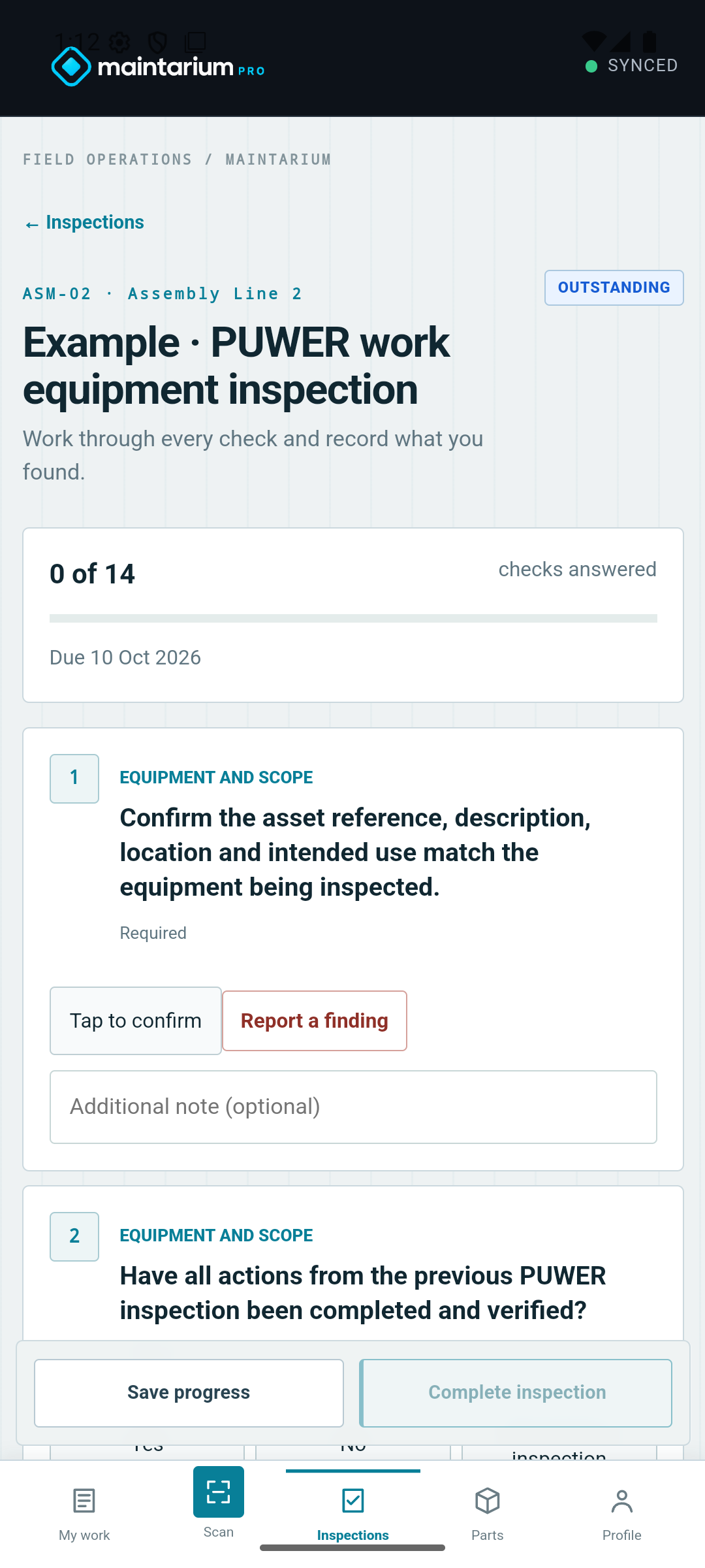Maintarium Android app completing a PUWER checklist on demonstration equipment
