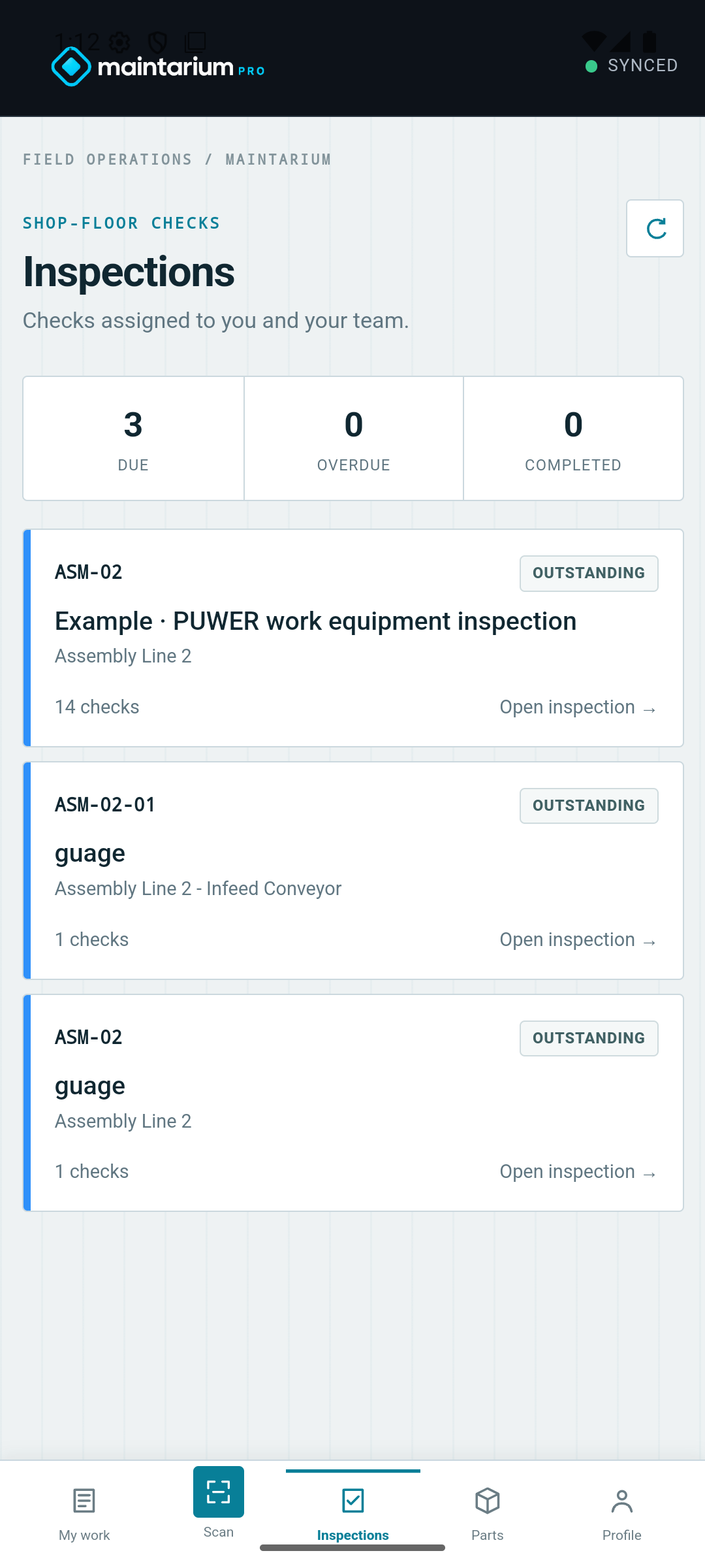 Android app inspection queue for demonstration assembly-line equipment