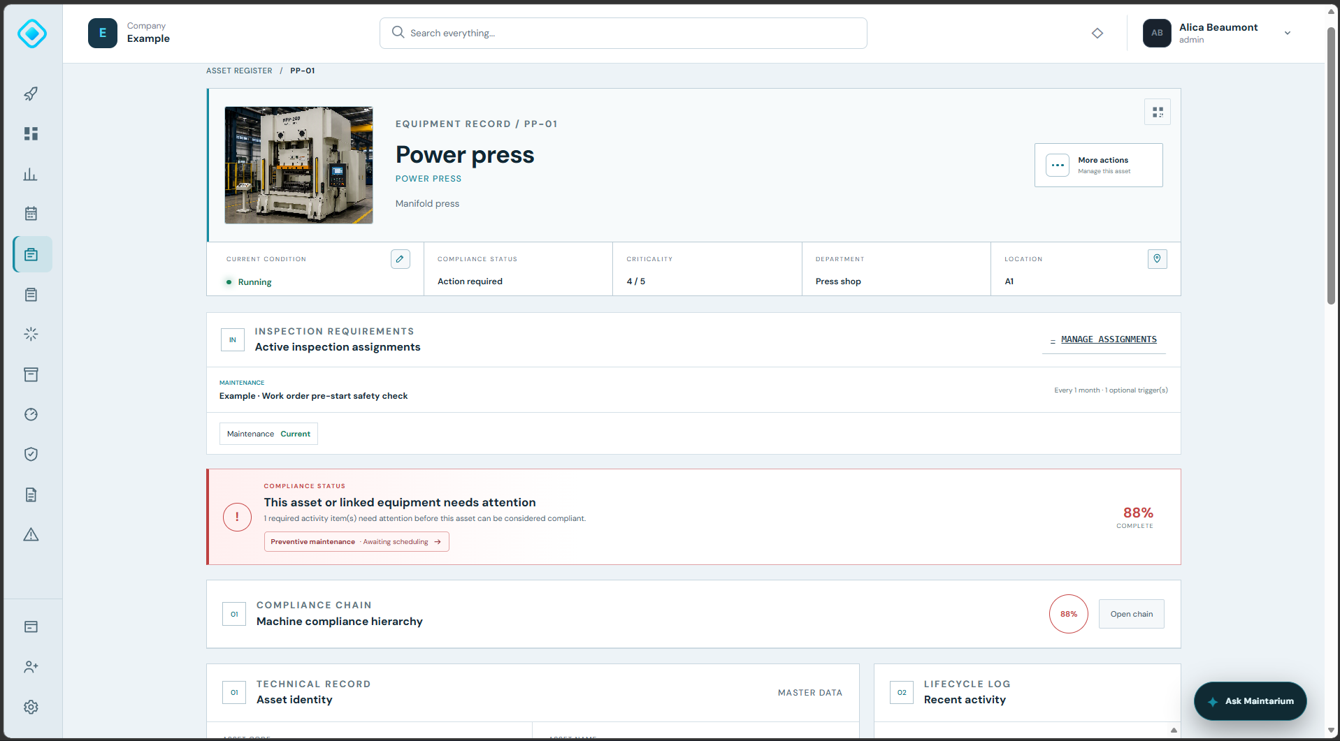 Maintarium Pro power press asset profile with compliance status