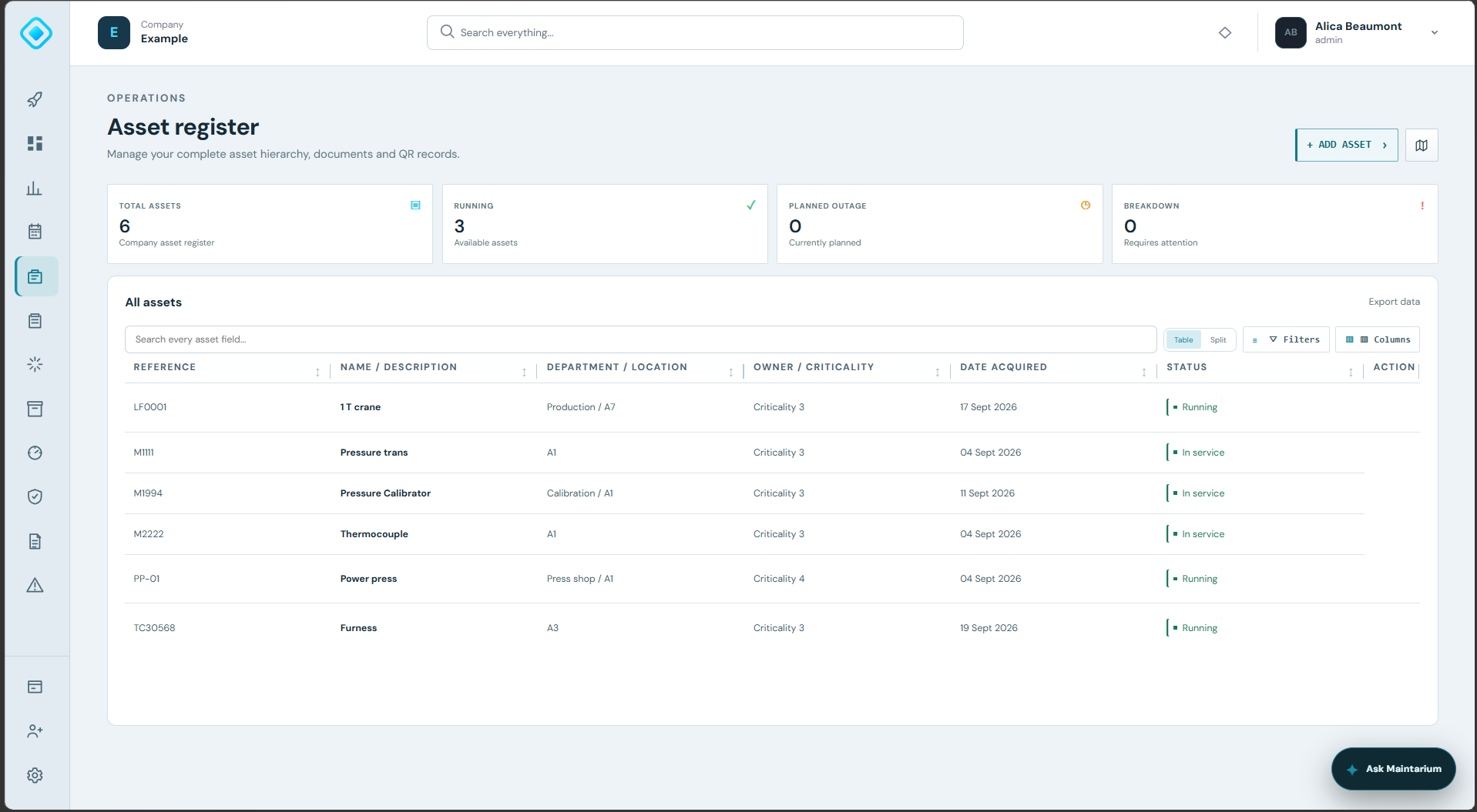 Maintarium Pro searchable equipment and asset register