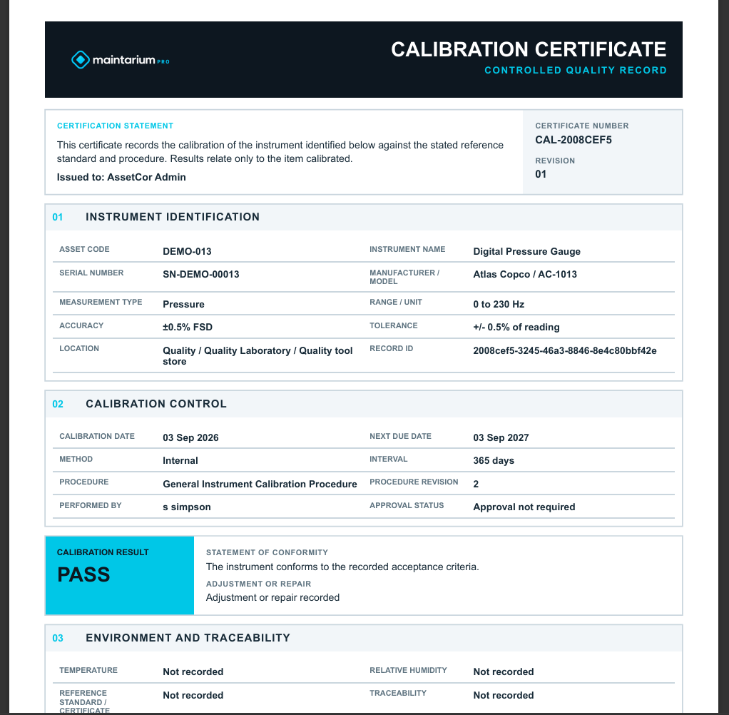 Maintarium Pro controlled calibration certificate with identification, result and traceability sections