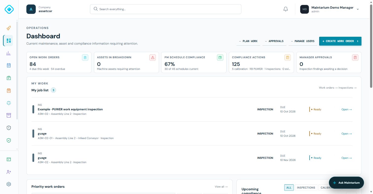 Maintarium Pro operational dashboard with work and compliance priorities