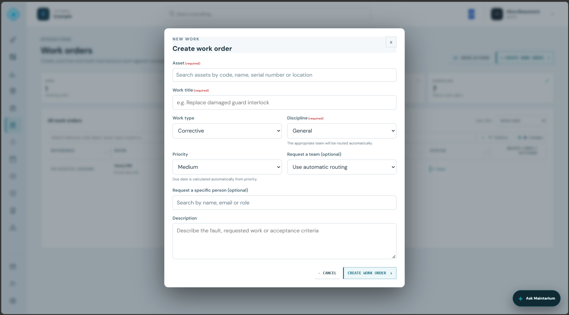 Maintarium Pro structured work-order creation form