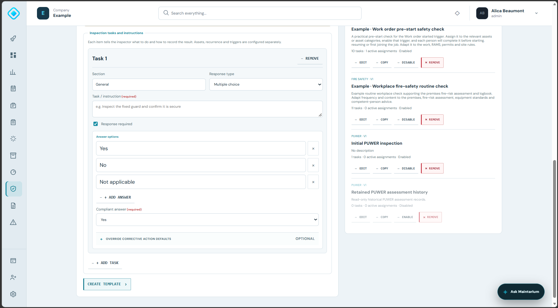 Inspection question builder with answer choices and compliant-answer controls