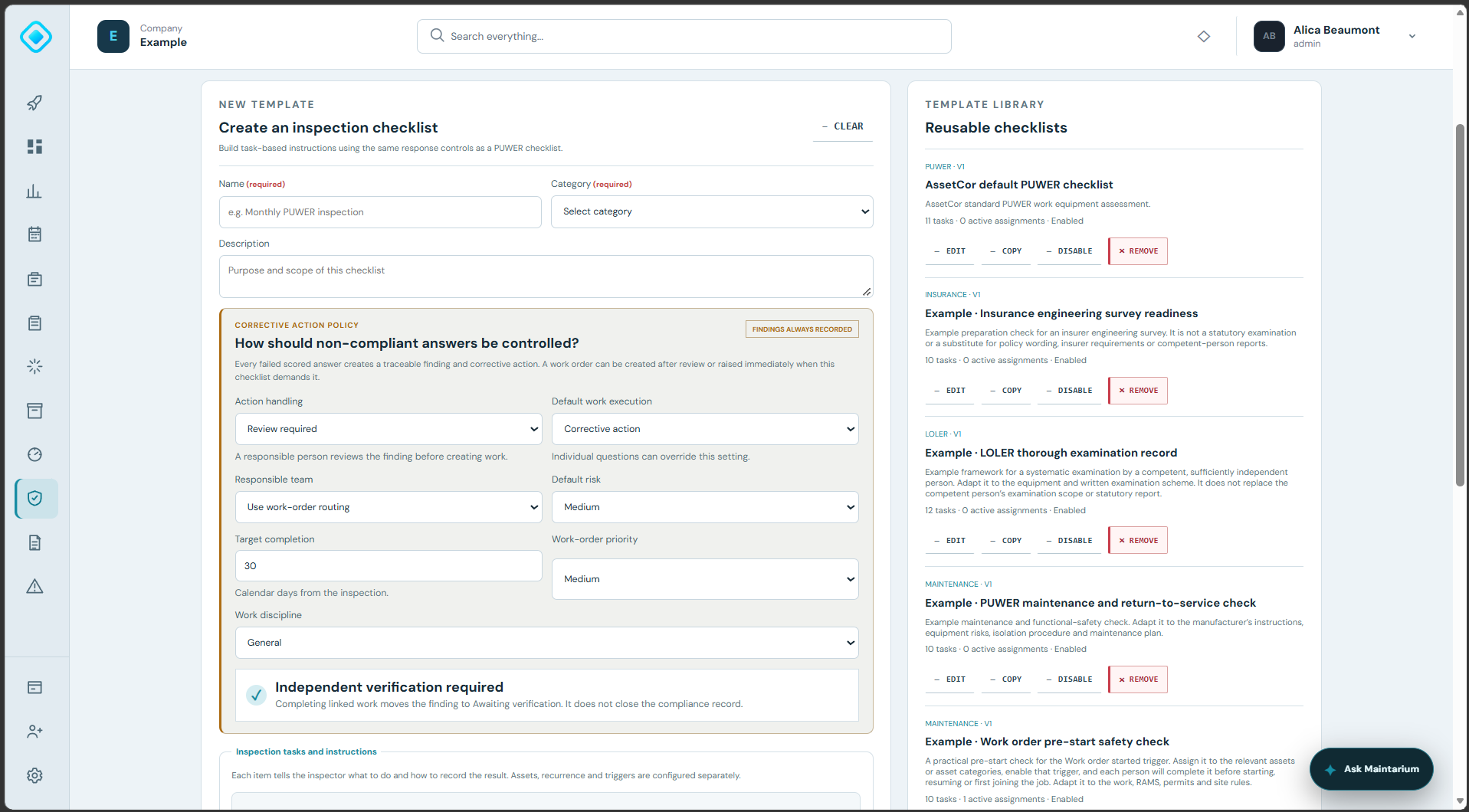 Maintarium Pro inspection template library and corrective action policy