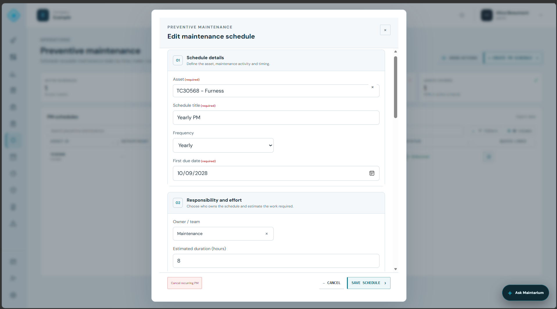 Preventive maintenance task and schedule configured for an asset