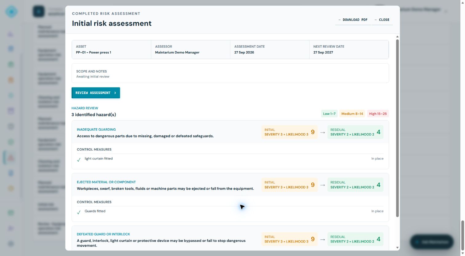 Maintarium demo risk assessment showing identified hazards, controls and risk scores