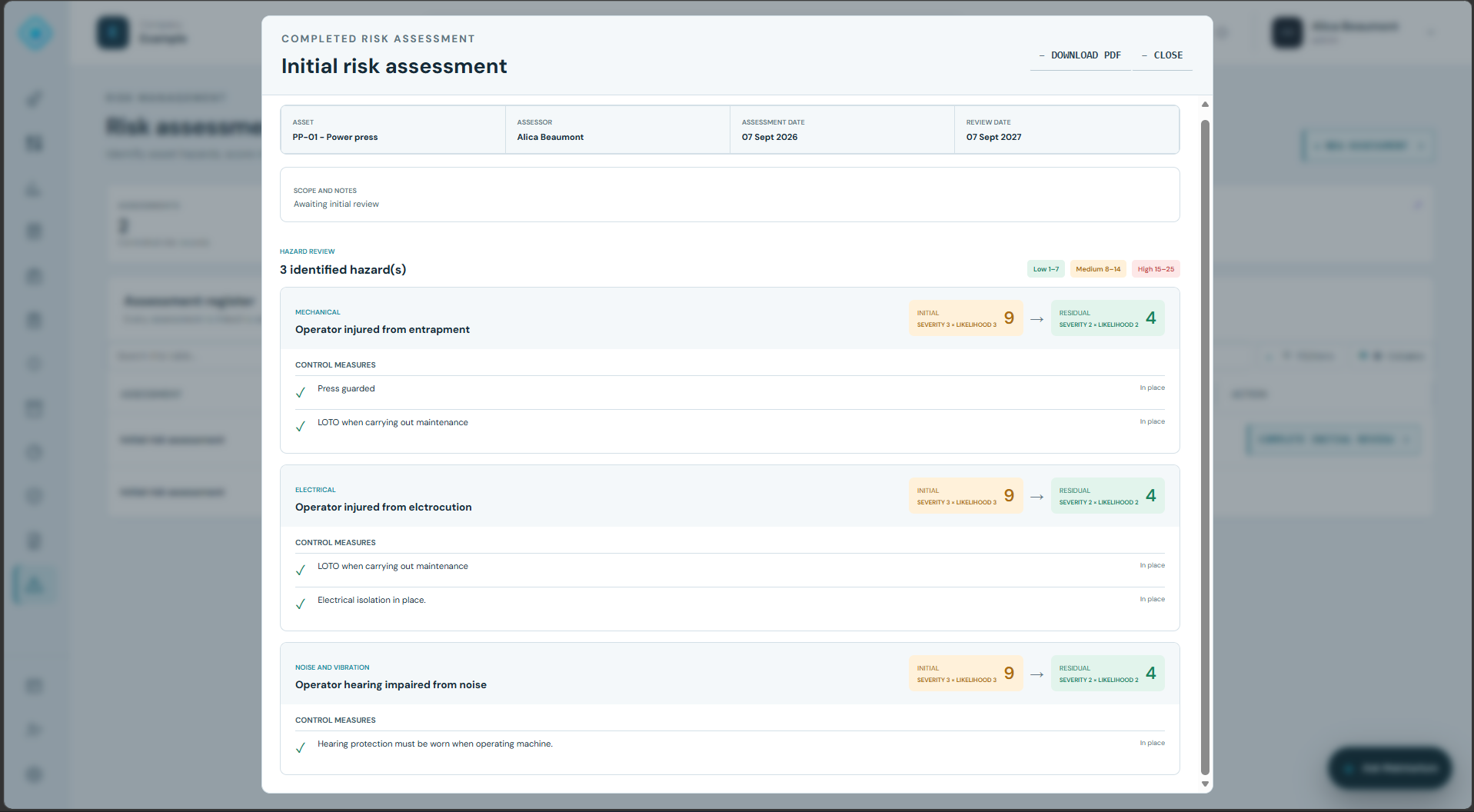 Completed equipment risk assessment showing hazards and residual risk