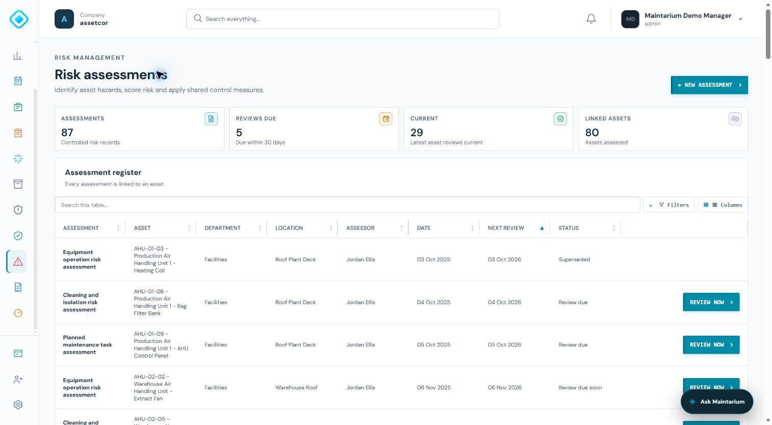 Live Maintarium demo risk assessment register showing assets, assessors and review dates