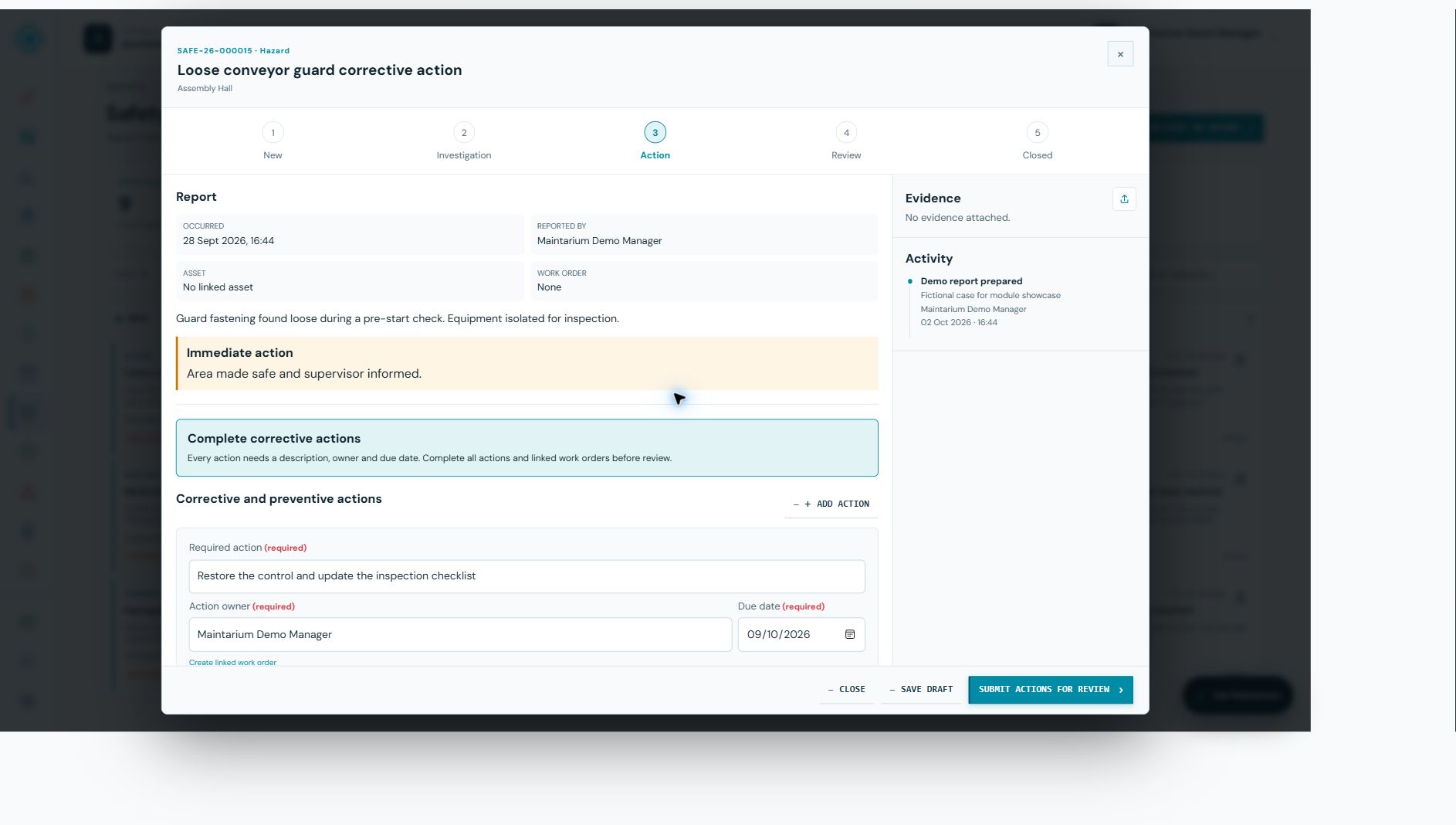 Maintarium Pro corrective action workspace with action owner, due date and linked work order controls