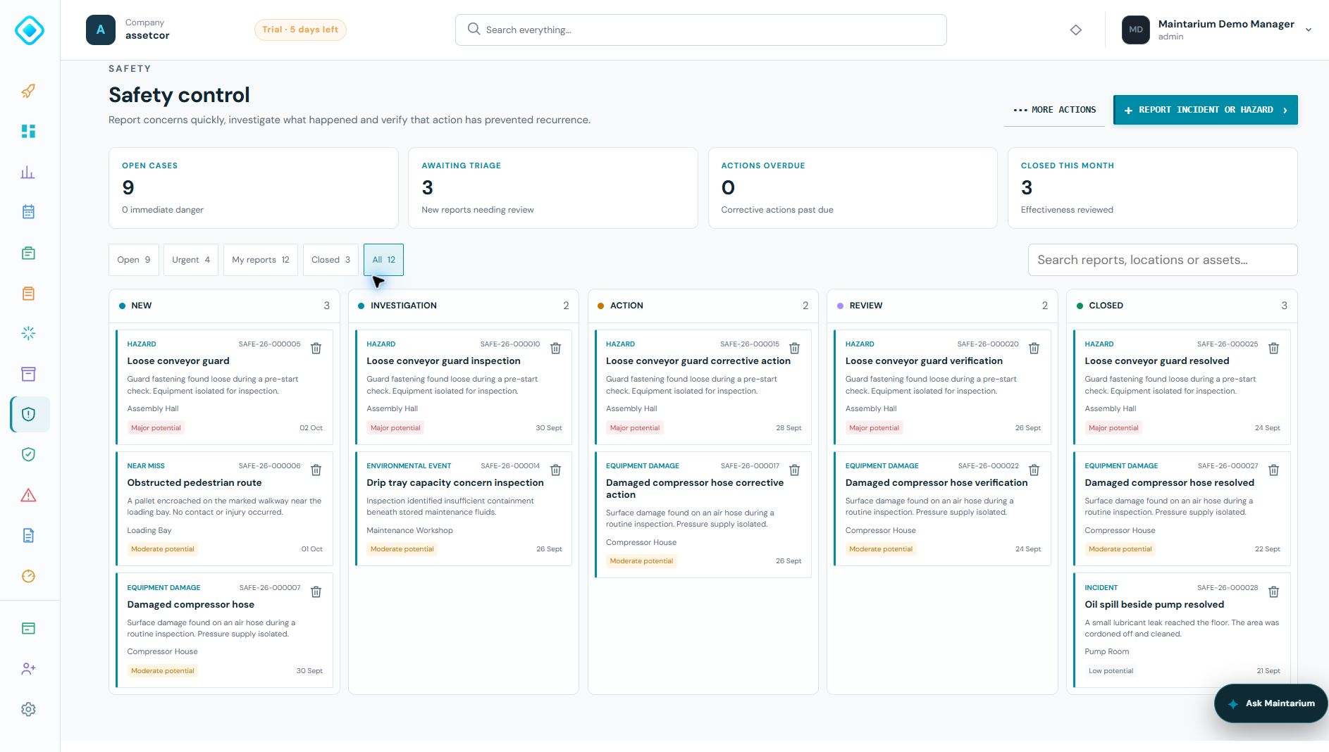 Maintarium Pro safety board showing reports from New through Investigation, Action, Review and Closed