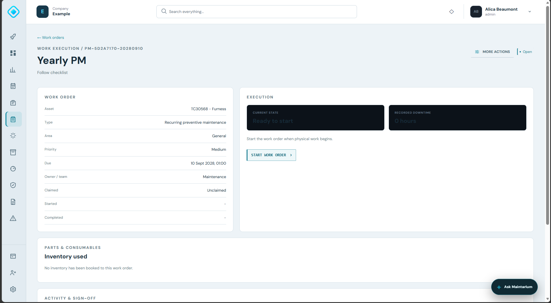 Maintarium planned preventive maintenance work order execution screen